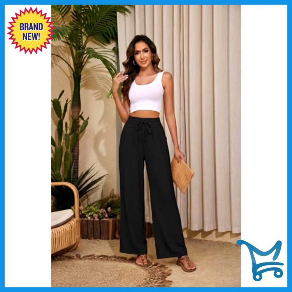 Flowy Palazzo Pants Loose Fit Wide Leg Drawstring Waist Casual Summer Chic - Picture 2 of 7